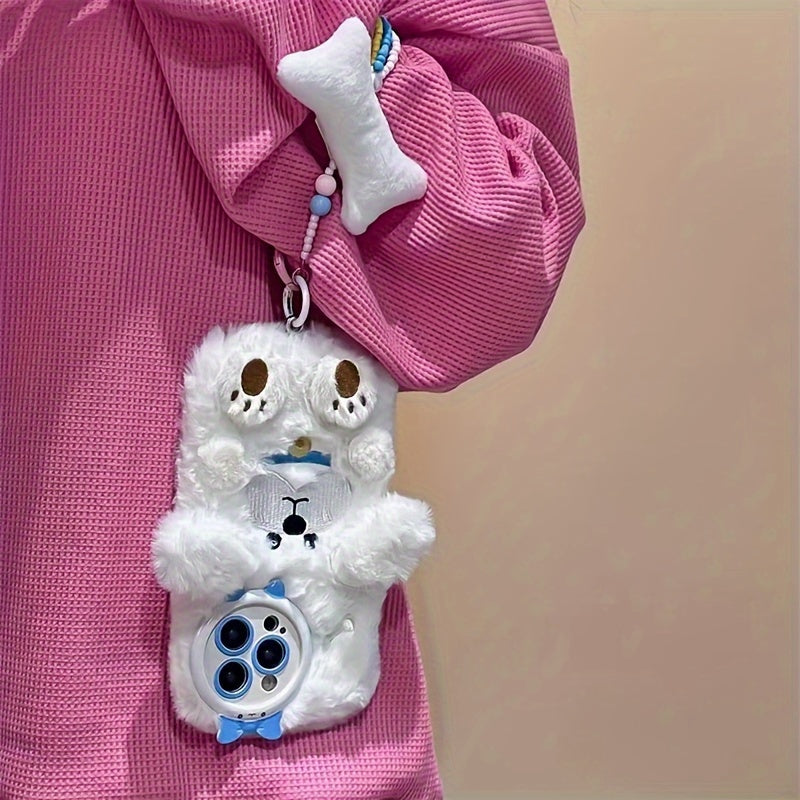 Cartoon White Dog Fluffy Mobile Phone Case with Bracelet Suitable for iPhone 16 Pro Max Autumn and Winter Plush Mobile Phone Case